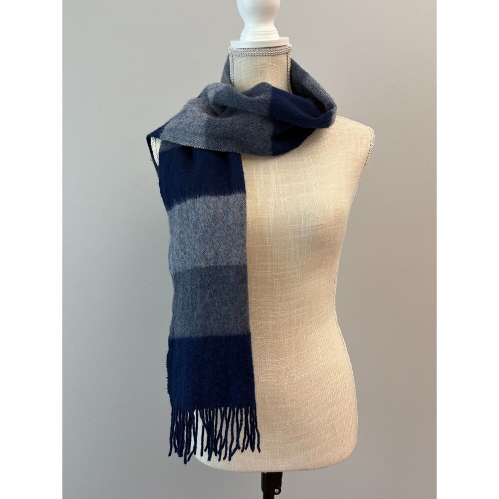 O-My-Cashmere Blue Striped Cashmere Lambswool Blend Fringe Scarf Wrap Cozy